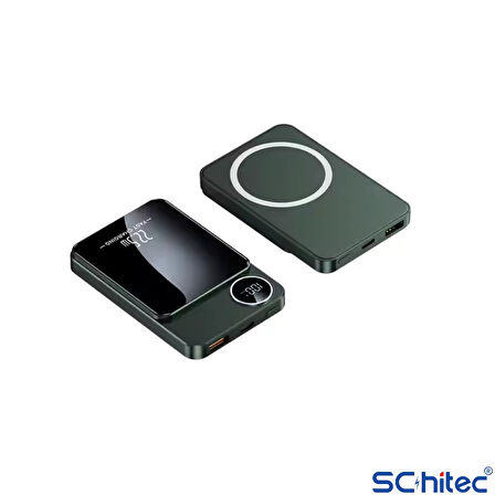 ScHitec 22.5W Magsafe Kablosuz ve Dijital Ekranlı AI Çipli 5000mAH Powerbank Yeşil YK915