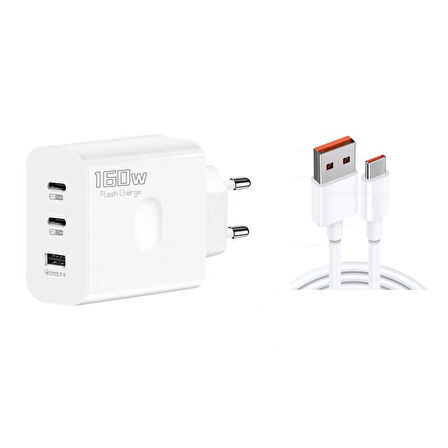 ScHitec 160W 2xType-C + UsbA Quick Charger 5.0 Teknolojili Ev Tipi 3 Çıkışlı 6A 120W UsbA to Type-C Kablolu Şarj Aleti