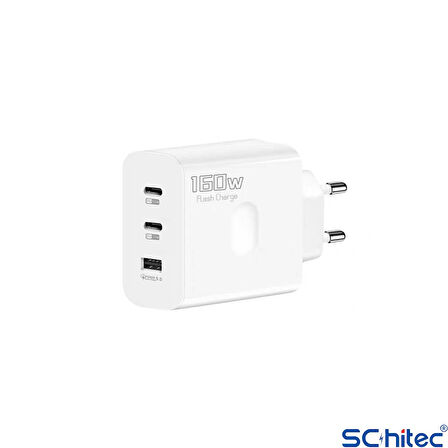 ScHitec 160W 2xType-C + UsbA Quick Charger 5.0 Teknolojili Ev Tipi 3 Çıkışlı 6A 120W UsbA to Type-C Kablolu Şarj Aleti