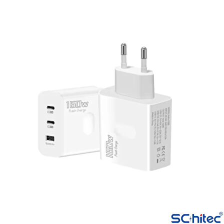 ScHitec 160W 2xType-C + UsbA Quick Charger 5.0 Teknolojili Ev Tipi 3 Çıkışlı 6A 120W UsbA to Type-C Kablolu Şarj Aleti