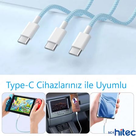 ScHitec 70W 3Metre Type-C to Type-C Örgülü Hızlı Data ve Şarj Kablosu Beyaz TC35