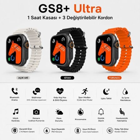 Schitec GS8 Ultra Android İos HarmonyOs Uyumlu 3 Değiştirilebilir Kordon Siyah Kasa
