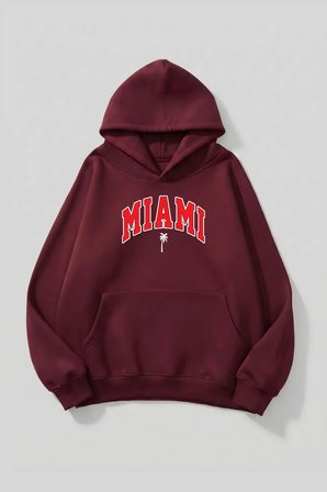 Unisex Yumuşak Dokulu Miami Baskılı Tasarım Oversize 3 İplik Hoodie Sweatshirt