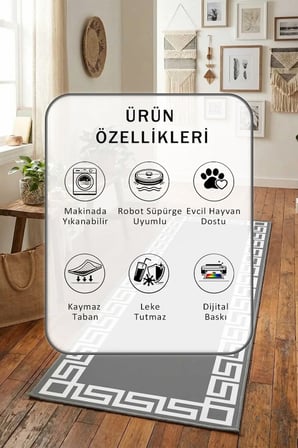 Versus Kgri Beyaz Salon Mutfak Yatak Odası Dijital Baskı Yolluk Halı Beyaz Gri