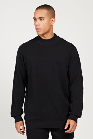 Erkek Siyah Recycle Standart Fit Normal Kesim Yarım Balıkçı Yaka Pamuklu Jakarlı Triko Kazak