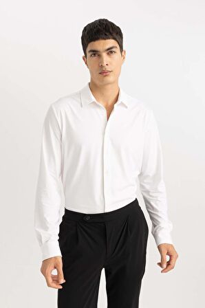 DeFacto Slim Fit Dar Kesim Polo Yaka Basic Düz Uzun Kollu Gömlek B6491AX24SPWT34