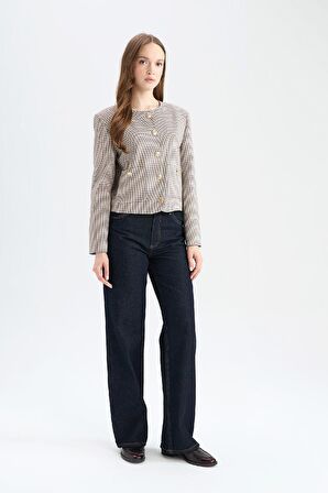 Bisiklet Yaka Geometrik Desenli Blazer Ceket
