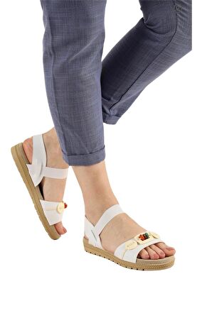 Lastikli Boncuk Detaylı Günlük Kadın Sandalet BEYAZ