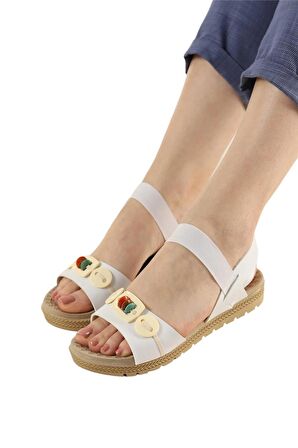 Lastikli Boncuk Detaylı Günlük Kadın Sandalet BEYAZ