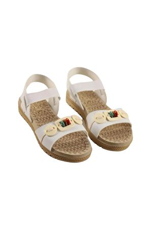 Lastikli Boncuk Detaylı Günlük Kadın Sandalet BEYAZ
