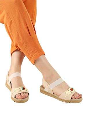 Lastikli Boncuk Detaylı Günlük Kadın Sandalet BEJ