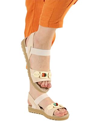 Lastikli Boncuk Detaylı Günlük Kadın Sandalet BEJ