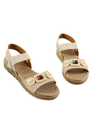Lastikli Boncuk Detaylı Günlük Kadın Sandalet BEJ