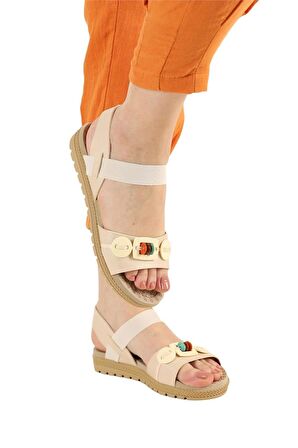 Lastikli Boncuk Detaylı Günlük Kadın Sandalet BEJ