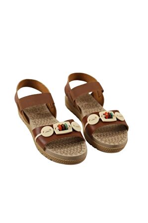 Lastikli Boncuk Detaylı Günlük Kadın Sandalet TABA