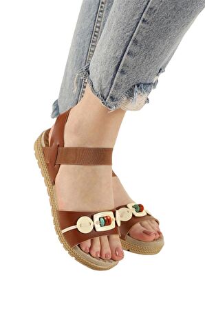 Lastikli Boncuk Detaylı Günlük Kadın Sandalet TABA