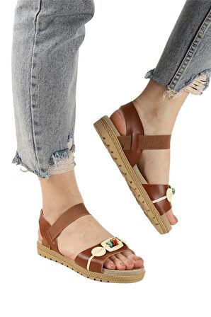 Lastikli Boncuk Detaylı Günlük Kadın Sandalet TABA