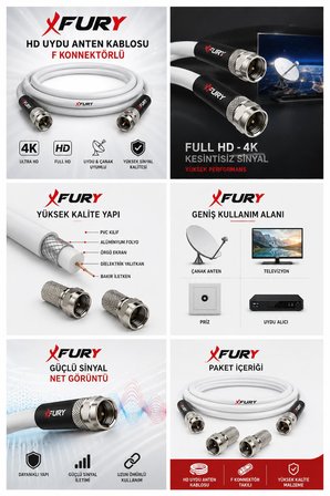 FURY HD Uydu Anten Kablosu 3 Metre F Konnektörlü Full HD 4K TV Kablosu
