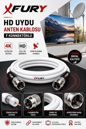 FURY HD Uydu Anten Kablosu 15 Metre F Konnektörlü Full HD 4K TV Kablosu