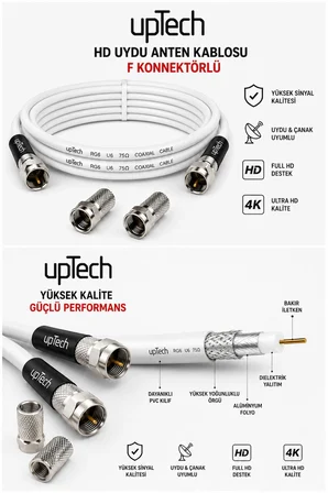 UPTECH HD Uydu Anten Kablosu 3 Metre F Konnektörlü Full HD 4K TV Kablosu