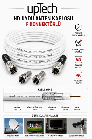 UPTECH HD Uydu Anten Kablosu 10 Metre F Konnektörlü Full HD 4K TV Kablosu