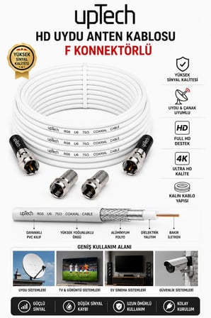 UPTECH HD Uydu Anten Kablosu 50 Metre F Konnektörlü Full HD 4K TV Kablosu