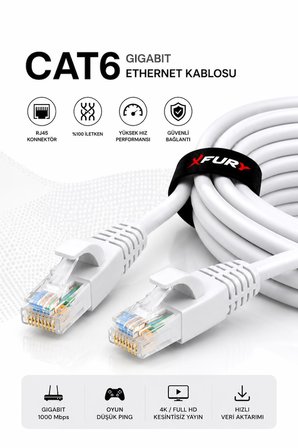 FURY CAT6 Ethernet Kablosu 1 Metre RJ45 LAN İnternet Modem Router Bilgisayar Kablosu