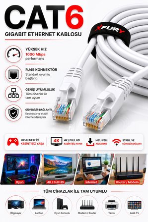 FURY CAT6 Ethernet Kablosu 3 Metre RJ45 LAN İnternet Modem Router Bilgisayar Kablosu