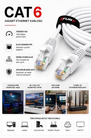 FURY CAT6 Ethernet Kablosu 5 Metre RJ45 LAN İnternet Modem Router Bilgisayar Kablosu