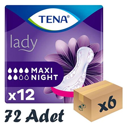 TENA Lady Maxi Night, Kadın Gece Mesane Pedi, 6 Damla, 12’li 6 Paket 72 Adet