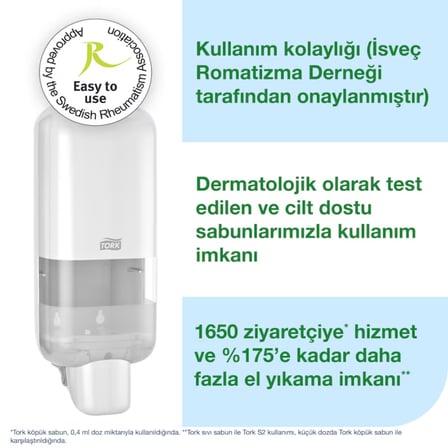 Tork Sıvı Sabun, Köpük Sabun ve Dezenfektan Dispenseri Beyaz S4 Manuel Duvar Tipi (564500)
