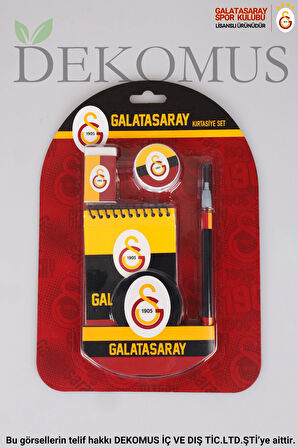 DEKOMUS İLE YENİ SEZON LİSANSLI GALATASARAY 4'LÜ KIRTASİYE SETİ NOT DEFTERİ, SİLGİ,KALEMTRAŞ,GEÇMELİ KURŞUN KALEM