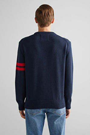 Erkek Relaxed Fit Bisiklet Yaka Logolu Kazak - Lacivert | M