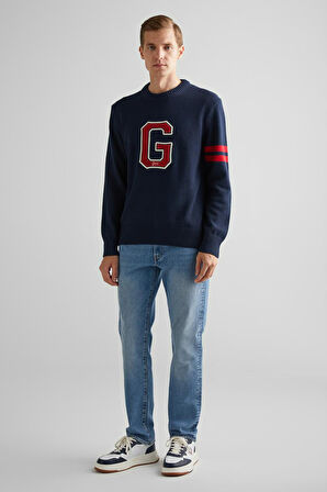 Erkek Relaxed Fit Bisiklet Yaka Logolu Kazak - Lacivert | M