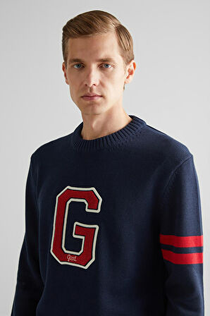 Erkek Relaxed Fit Bisiklet Yaka Logolu Kazak - Lacivert | M