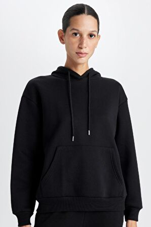 DeFacto Relax Fit Kapüşonlu Kanguru Cepli Kalın Basic Düz Siyah Sweatshirt W1240AZ24WNBK81