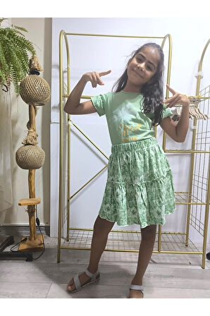 Kız Çocuk Etekli Tişörtlü Takım Pamuklu Palmiyeli