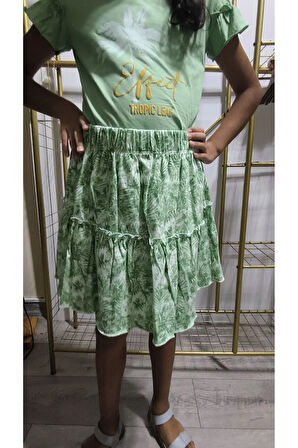 Kız Çocuk Etekli Tişörtlü Takım Pamuklu Palmiyeli