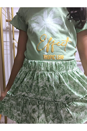 Kız Çocuk Etekli Tişörtlü Takım Pamuklu Palmiyeli