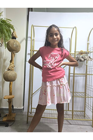 Kız Çocuk Etekli Tişörtlü Takım Pamuklu Palmiyeli