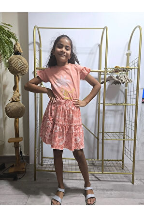 Kız Çocuk Etekli Tişörtlü Takım Pamuklu Palmiyeli