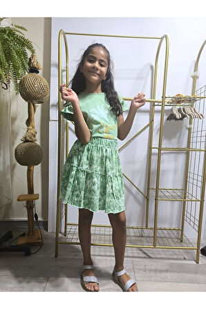 Kız Çocuk Etekli Tişörtlü Takım Pamuklu Palmiyeli