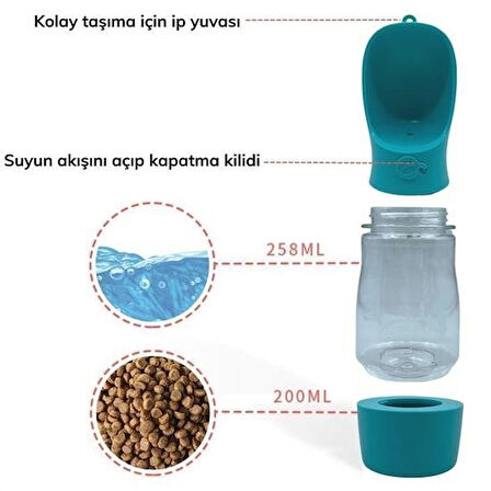 By Nevser® Taşınabilir Mama Hazneli Evcil Hayvan Suluğu Seyahat Kabı Kilitlenebilen Su Sızdırmaz 380ML