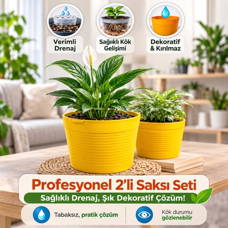 2'li Saksı Seti - 15 Pot Üretim + 1,8 Litre Sarı Dekoratif Kırılmaz Saksı | Tabaksız Uyumlu