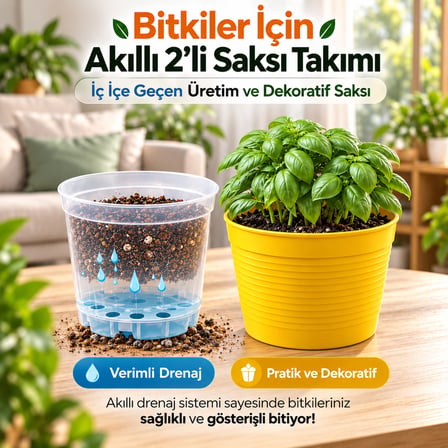 2'li Saksı Seti - 15 Pot Üretim + 1,8 Litre Sarı Dekoratif Kırılmaz Saksı | Tabaksız Uyumlu