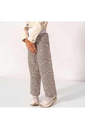 Kız Çocuk  Kahverengi  Leopar Desenli Kot Pantolon