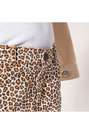 Kız Çocuk  Kahverengi  Leopar Desenli Kot Pantolon
