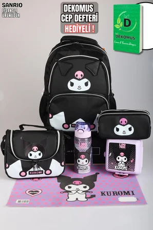 x Dekomus Lisanslı Kuromi Dark Delight Collection Okul,Beslenme ve Kalem Çantası,Beslenme Kabı,Matara ve Beslenme Örtüsü Seti