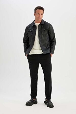 DeFacto Slim Fit Gömlek Yaka Suni Deri Ceket Mont C4861AX24WNBK27