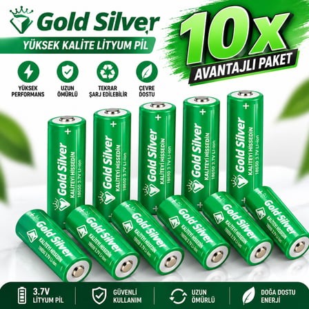 Gold Silver 18650 El Feneri ve Kafa Lambası İçin Şarj Edilebilir Li-ion Pil - 3200 mAh 4.2V (10 Adet)